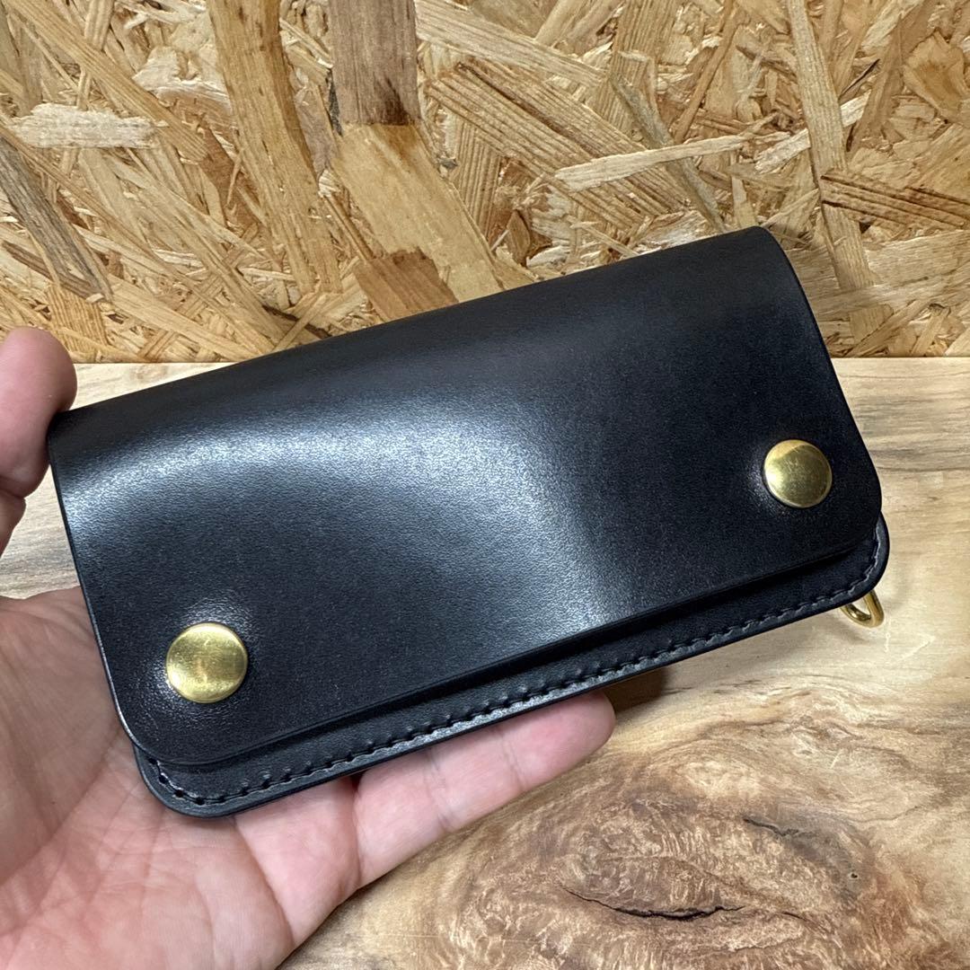 160 ミドル トラッカーウォレット スリム 2層 姫路レザー オイルレザー 黒