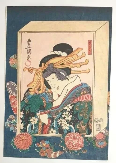 浮世絵版画、花揃の内二枚綴り、三代歌川豊国画安政5年出版
