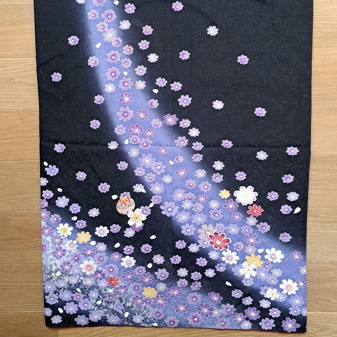 新品同様に近い フルセット 正絹振袖 黒地ラメ入りに紫桜柄 成人式 卒業式に最適