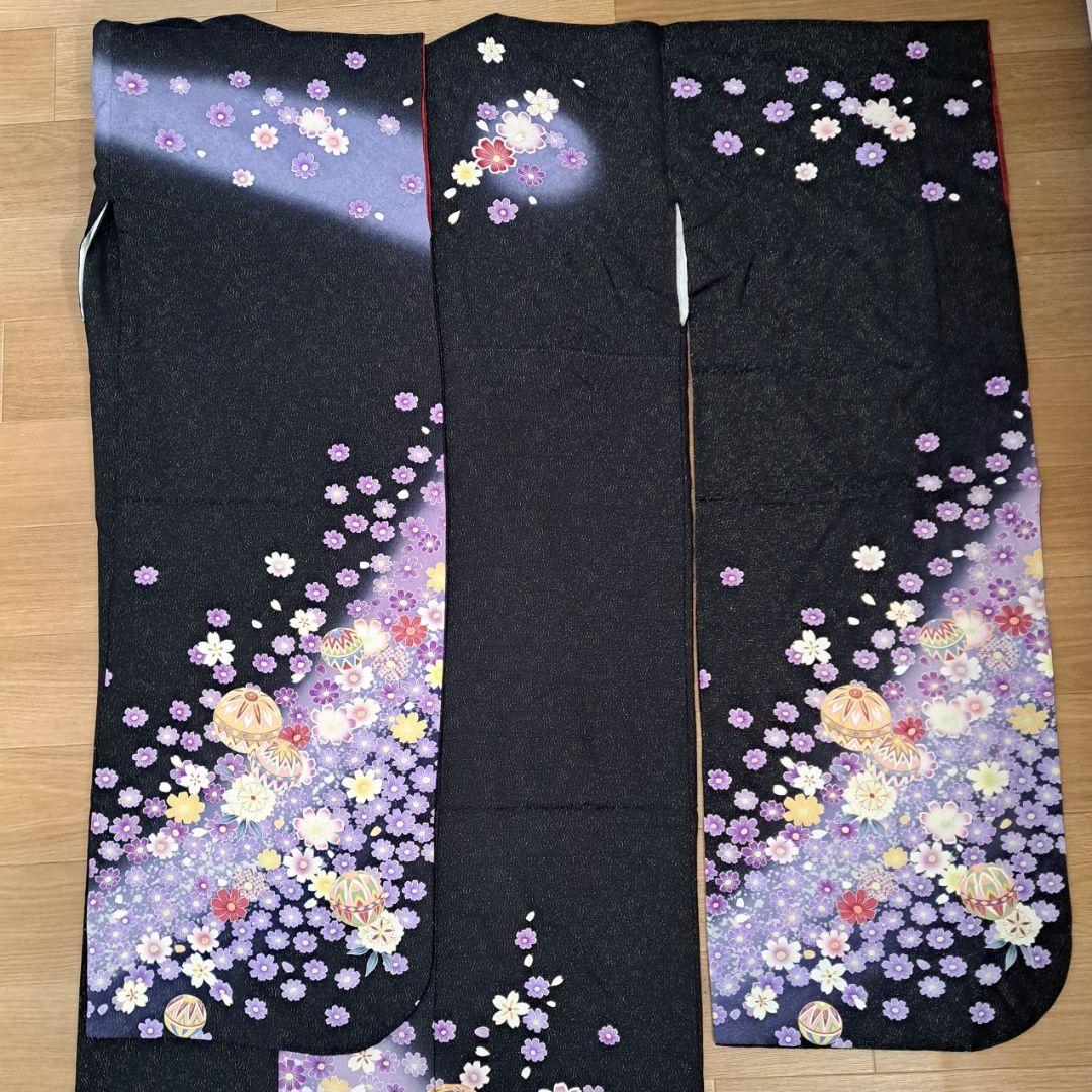 新品同様に近い フルセット 正絹振袖 黒地ラメ入りに紫桜柄 成人式 卒業式に最適