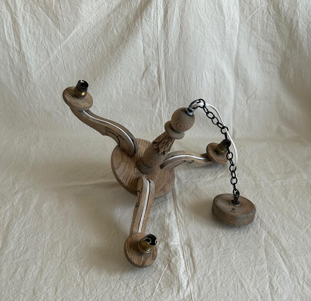 フランスアンティーク　木製シャンデリア　３灯　シャビー　店舗什器