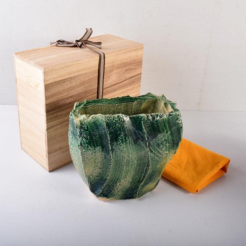 わさび　織部焼　加藤敬也作　花生　扁壷　共箱　V　8184