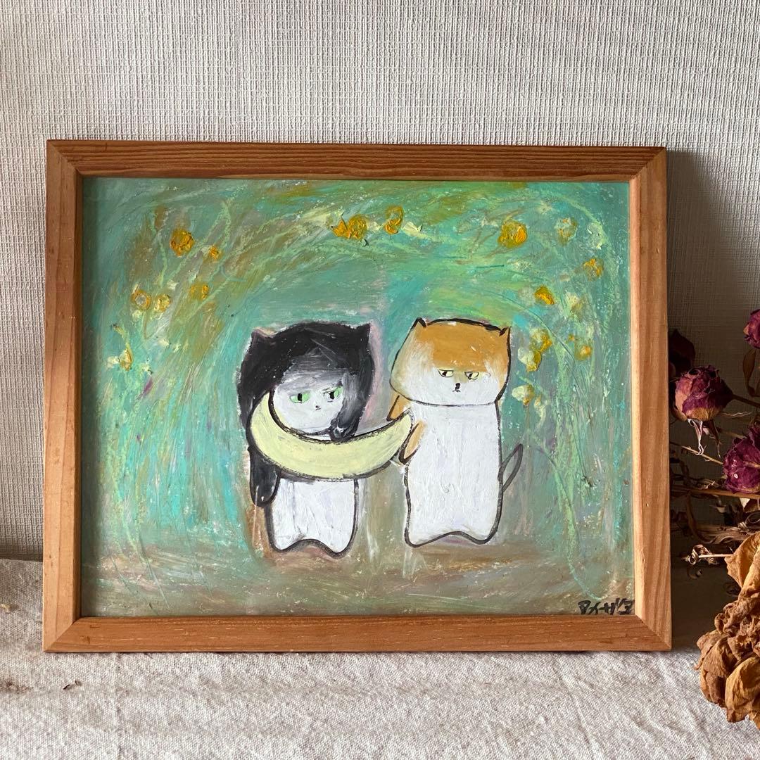 絵画。原画【神秘的な花の基地で、猫ちゃんたちは月を持って未来を楽しみにしている】