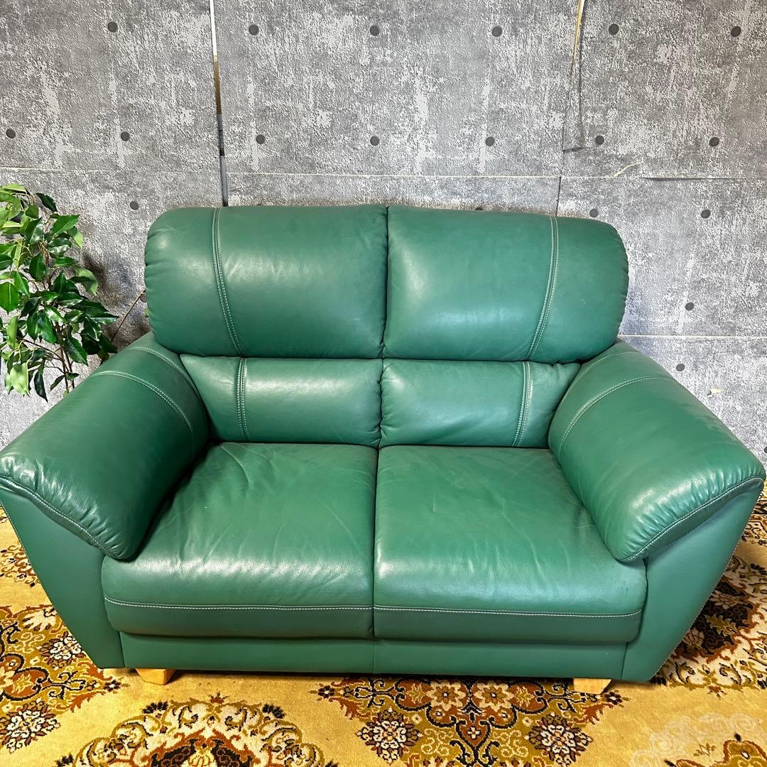 ask꧁革素材꧂2人掛けアームソファ1脚 グリーン レザー 合成皮革 応接