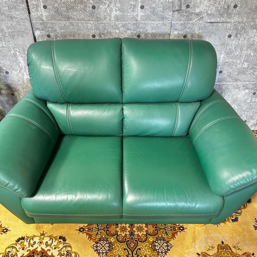 ask꧁革素材꧂2人掛けアームソファ1脚 グリーン レザー 合成皮革 応接