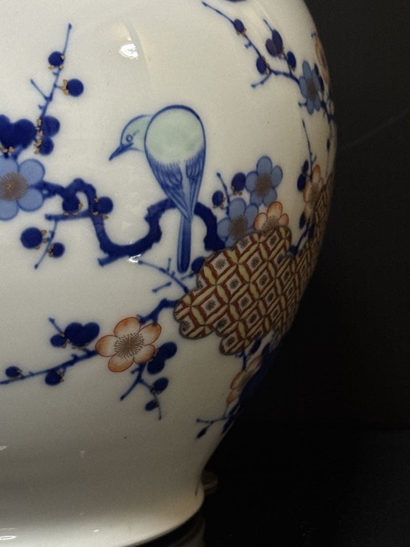 希少 オールド香蘭社 染錦 手描 華鳥七宝紋雲図 花瓶 花生 壷