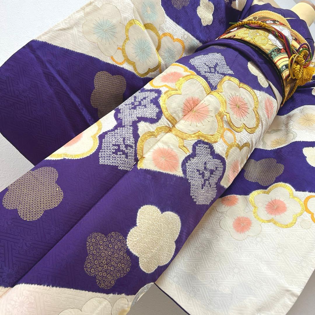 437 振袖フルセット 正絹 紫 オフホワイト 金銀彩 絞り 駒刺繍 レトロ