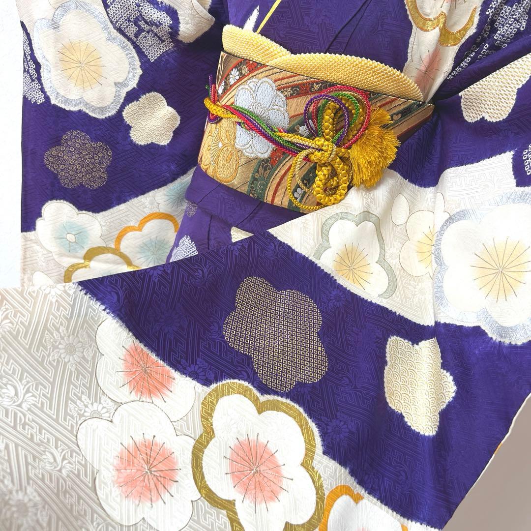 437 振袖フルセット 正絹 紫 オフホワイト 金銀彩 絞り 駒刺繍 レトロ