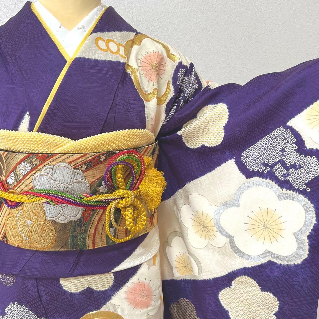 437 振袖フルセット 正絹 紫 オフホワイト 金銀彩 絞り 駒刺繍 レトロ