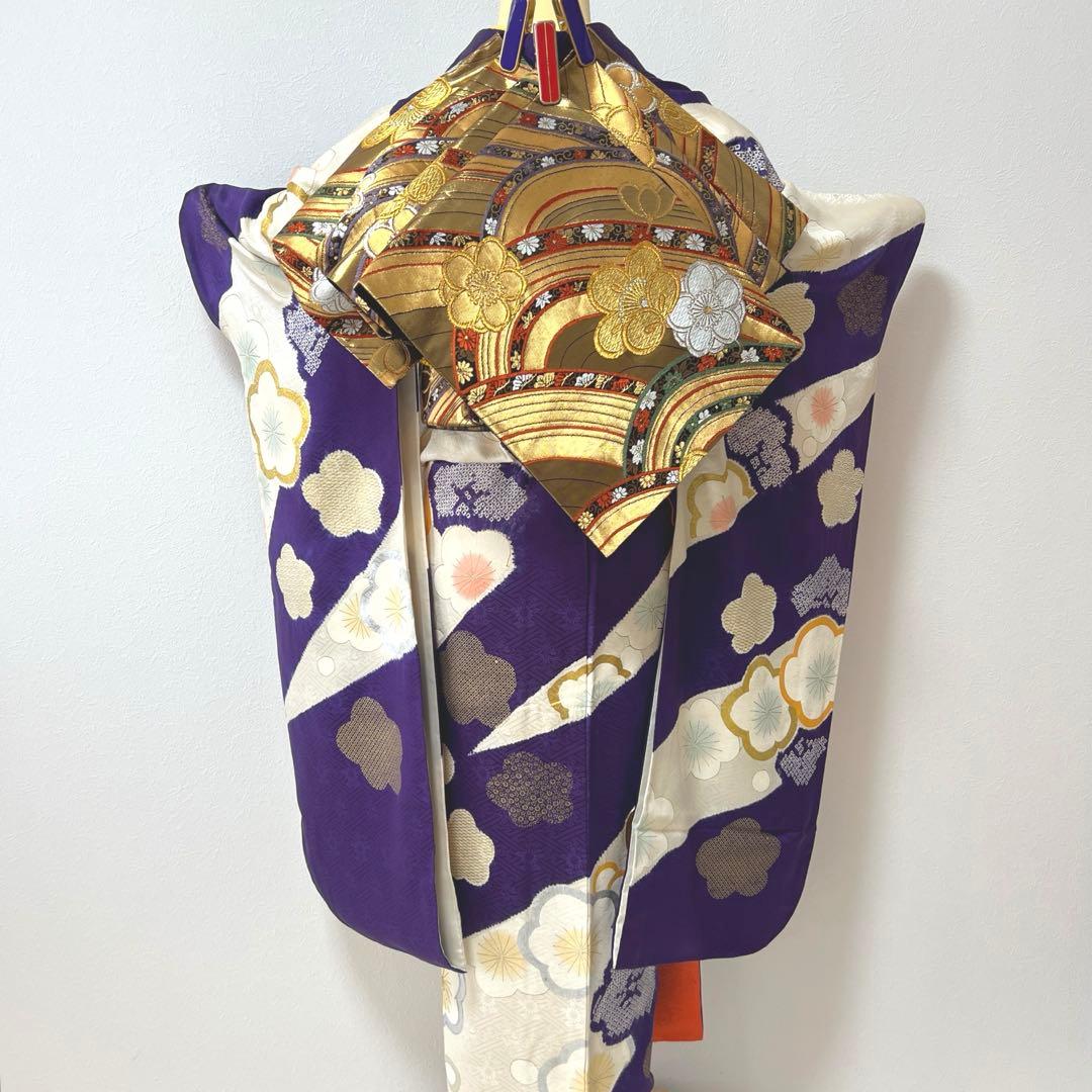 437 振袖フルセット 正絹 紫 オフホワイト 金銀彩 絞り 駒刺繍 レトロ