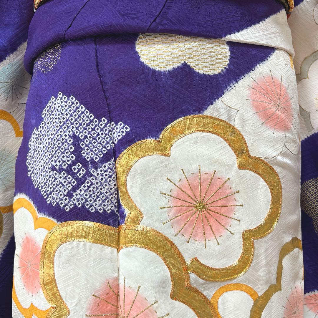 437 振袖フルセット 正絹 紫 オフホワイト 金銀彩 絞り 駒刺繍 レトロ