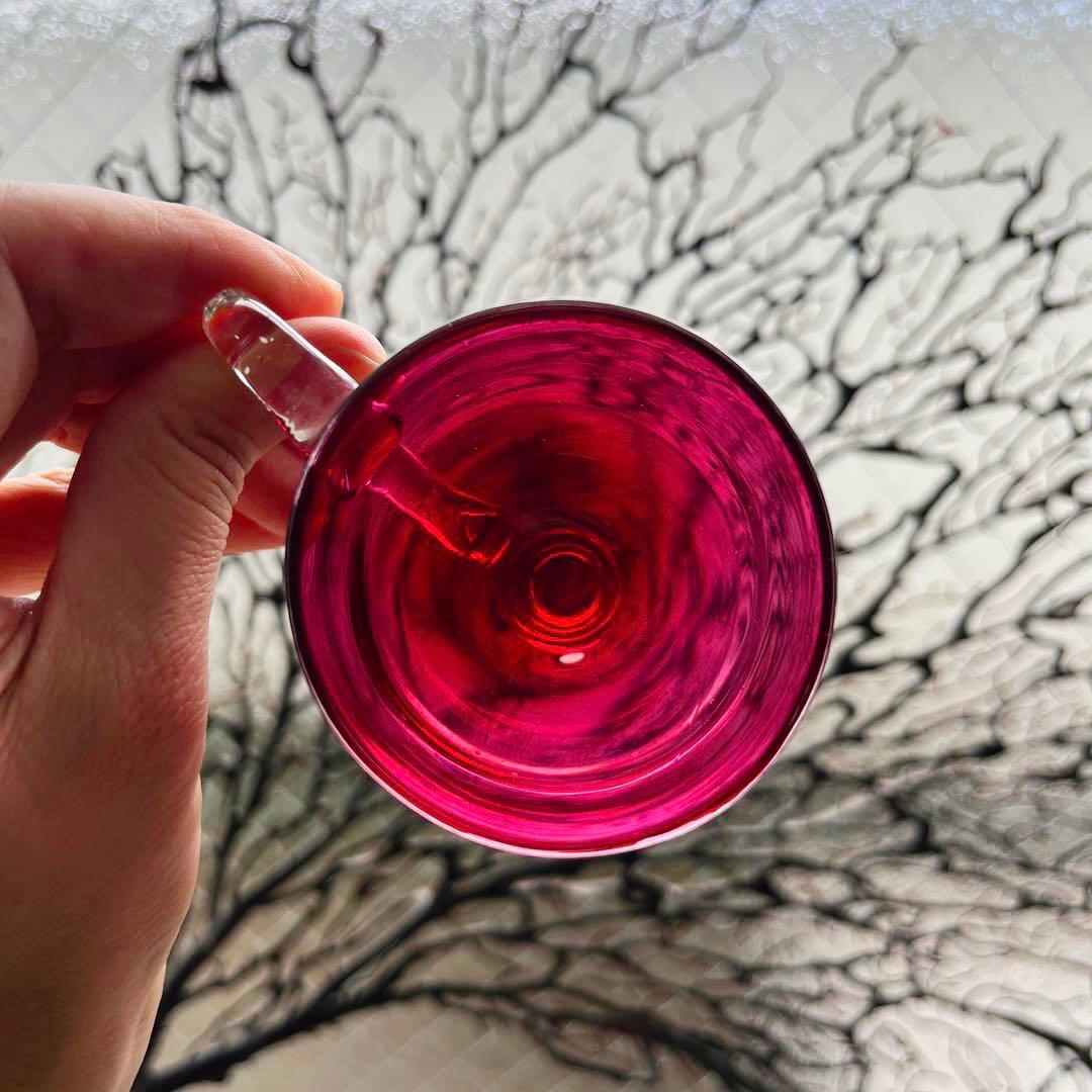 骨董　時代ガラス　希少　金赤ガラス　取手付き　アイスクリームコップ　ウラン