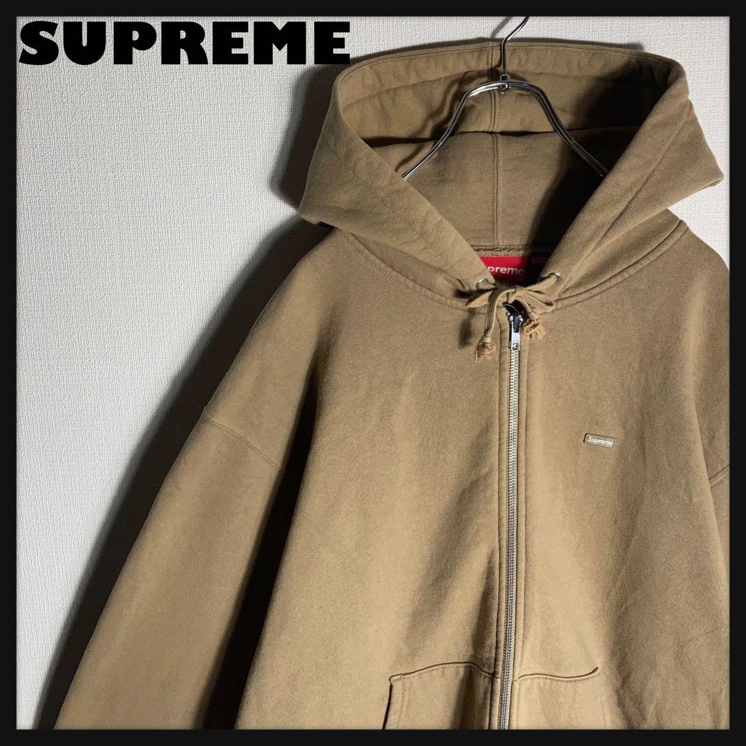 SUPREME フルジップパーカー スモールロゴ 刺繍 裏起毛 ベージュ L.