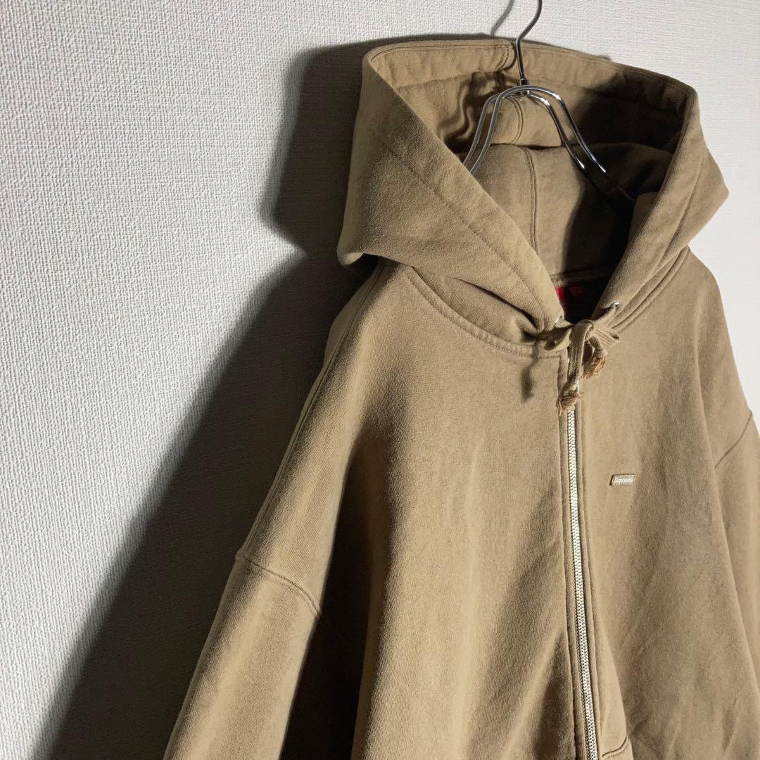 SUPREME フルジップパーカー スモールロゴ 刺繍 裏起毛 ベージュ L.
