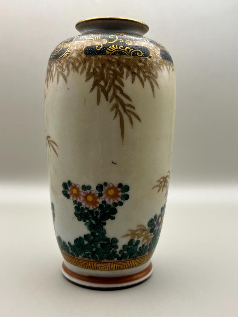 【海】江戸後期　久谷焼　竹花文上級金彩花瓶　谷口在銘　骨董品　時代品 美術品
