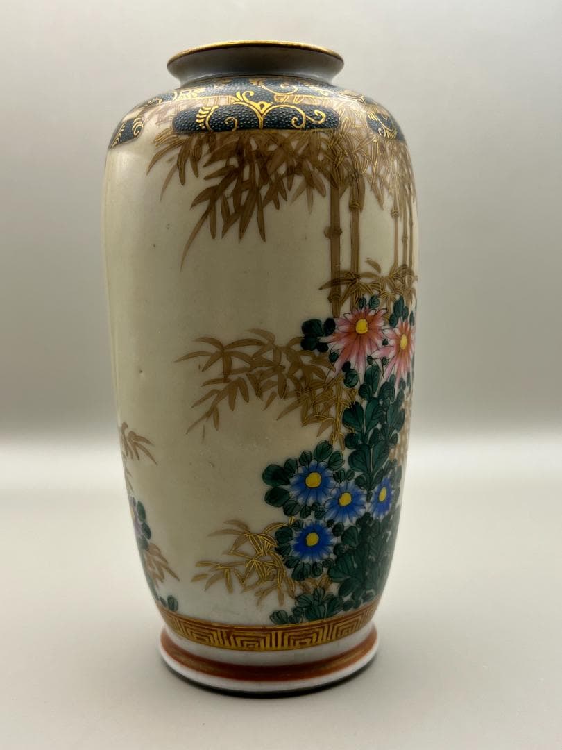 【海】江戸後期　久谷焼　竹花文上級金彩花瓶　谷口在銘　骨董品　時代品 美術品