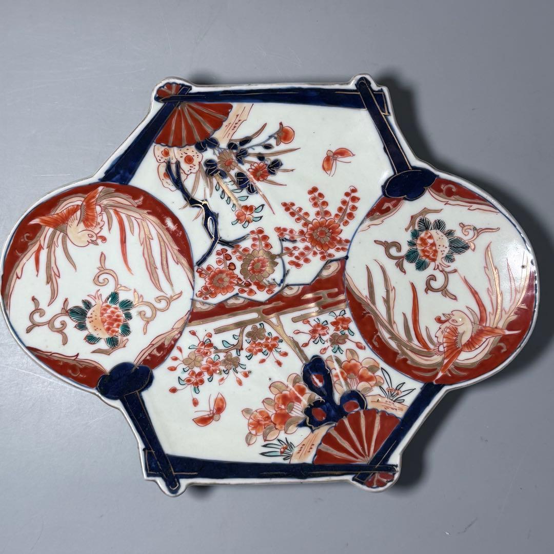 1800年代後期　古伊万里　色絵花蝶図変形中皿　五枚　柘榴に鳳凰　裏蝙蝠文　珍品