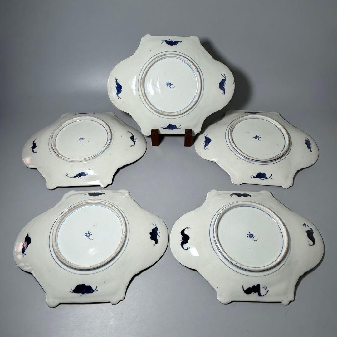 1800年代後期　古伊万里　色絵花蝶図変形中皿　五枚　柘榴に鳳凰　裏蝙蝠文　珍品