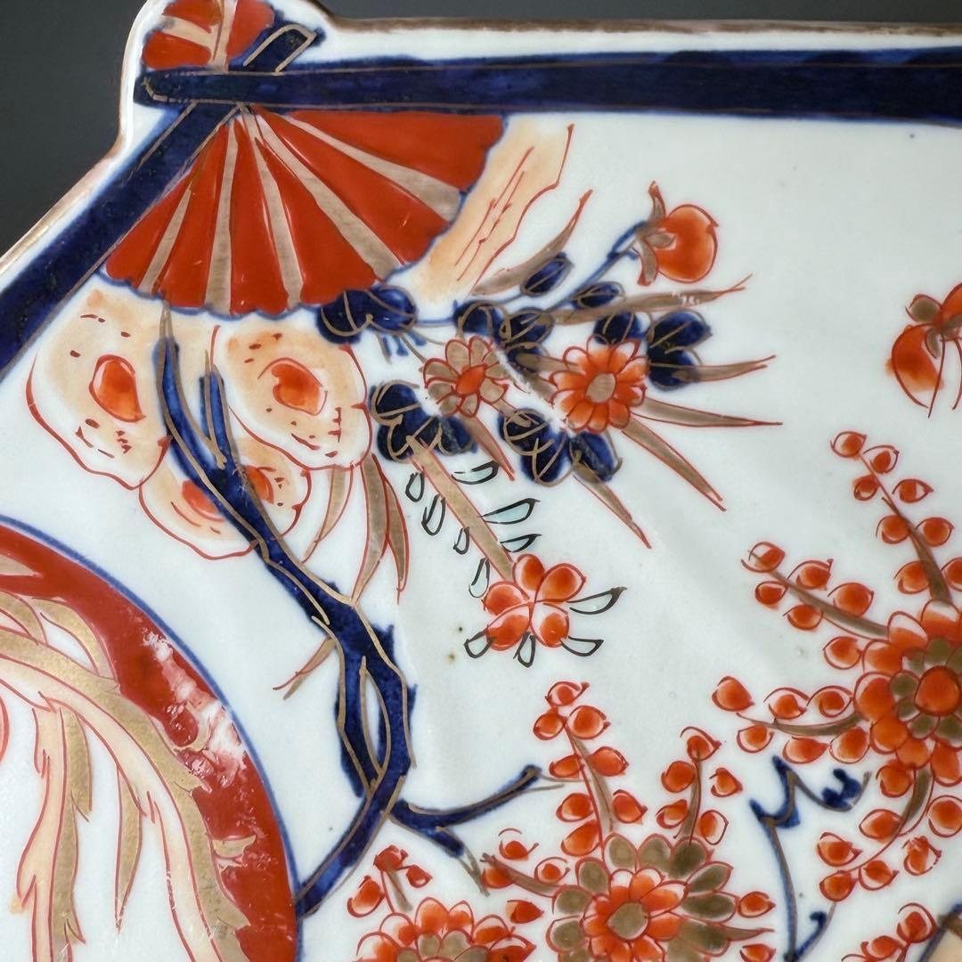 1800年代後期　古伊万里　色絵花蝶図変形中皿　五枚　柘榴に鳳凰　裏蝙蝠文　珍品