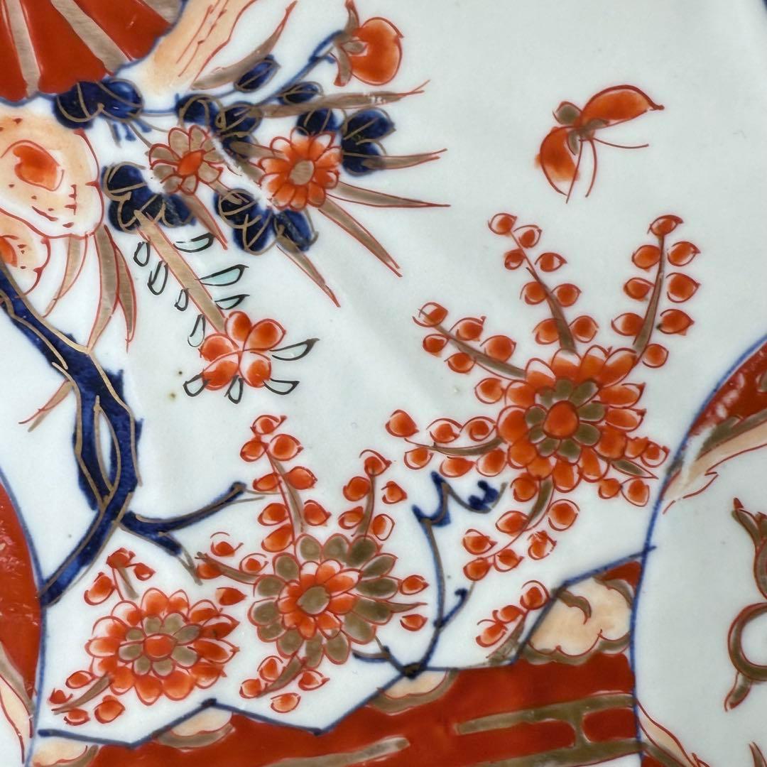 1800年代後期　古伊万里　色絵花蝶図変形中皿　五枚　柘榴に鳳凰　裏蝙蝠文　珍品
