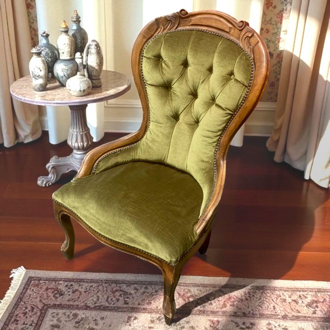 イタリア家具 チェア 一人掛け アンティーク調 猫脚 ベルベット 緑　洋風