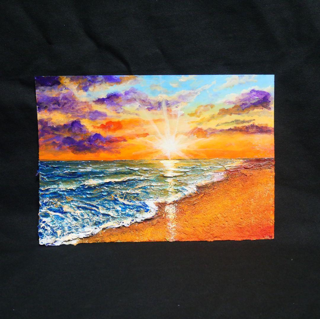 油絵 油彩 油彩画 絵 絵画 【夕陽に染まる海】A4