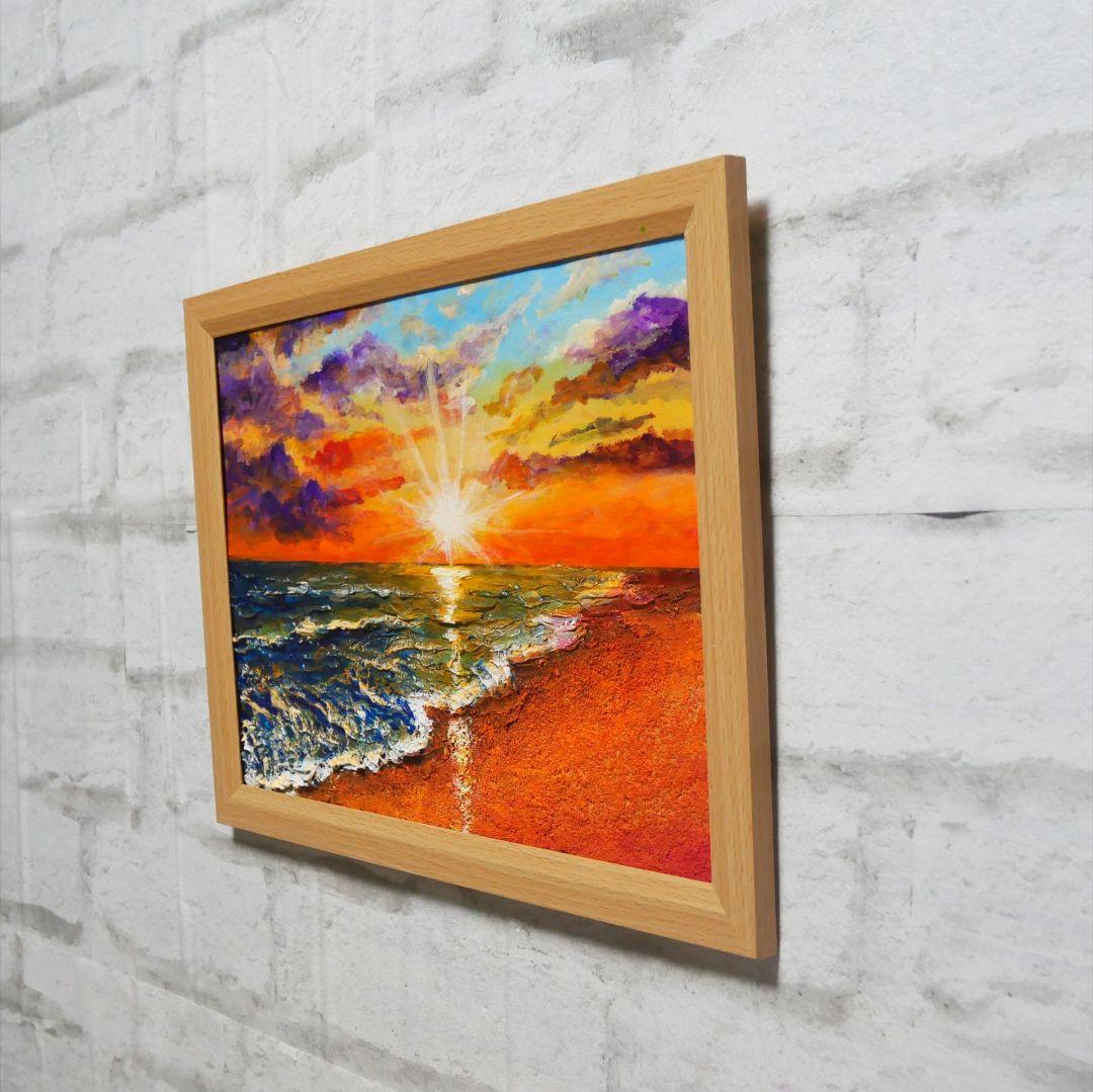 油絵 油彩 油彩画 絵 絵画 【夕陽に染まる海】A4