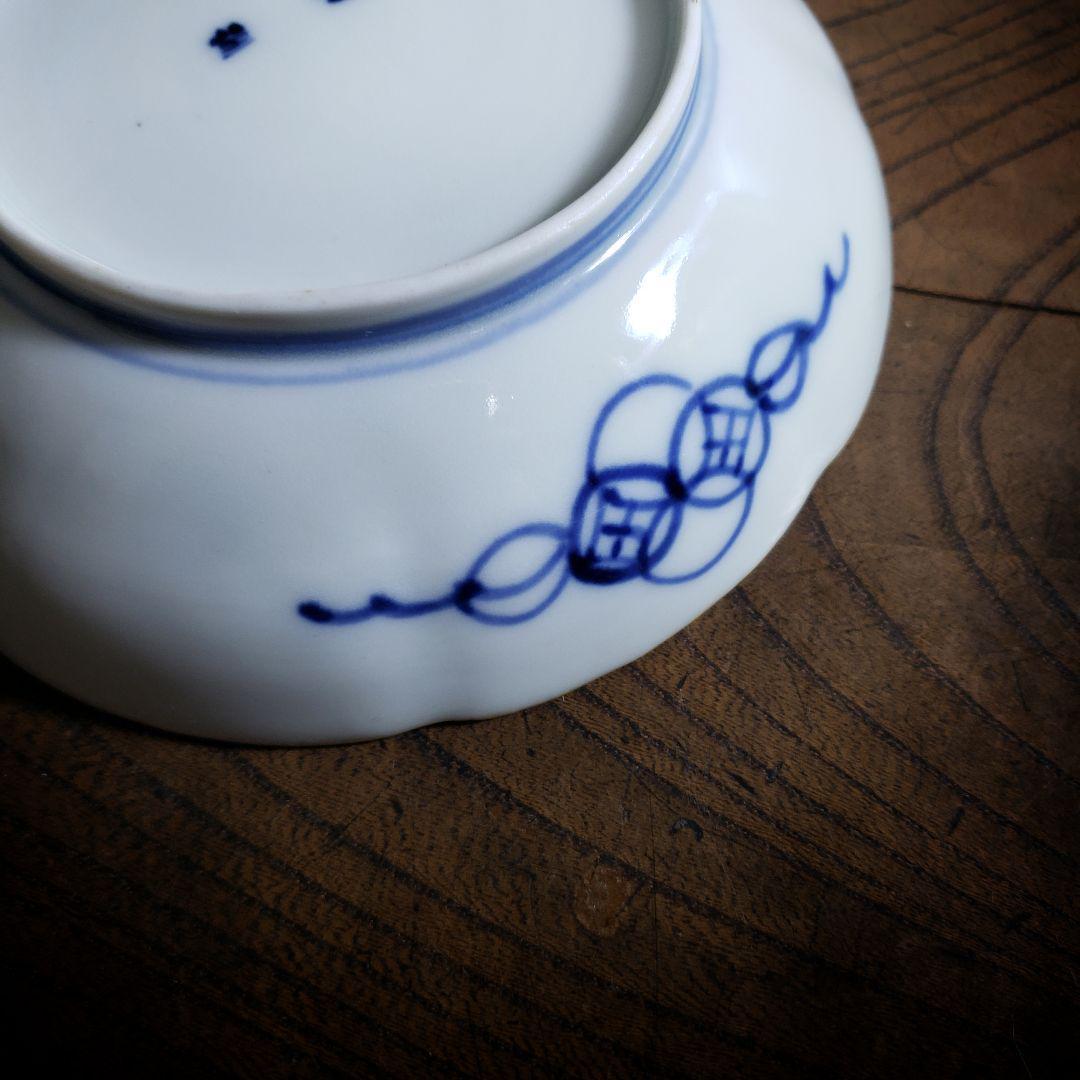 八花弁皿 染付 色絵付 取り皿 なます皿 岩 梅 菊 銘 明治 古伊万里 ロ号