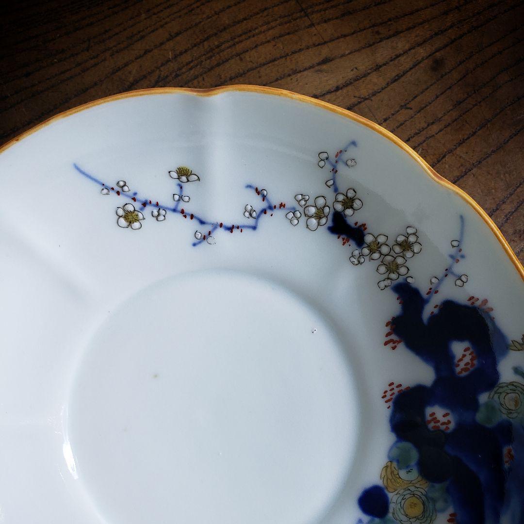 八花弁皿 染付 色絵付 取り皿 なます皿 岩 梅 菊 銘 明治 古伊万里 ロ号