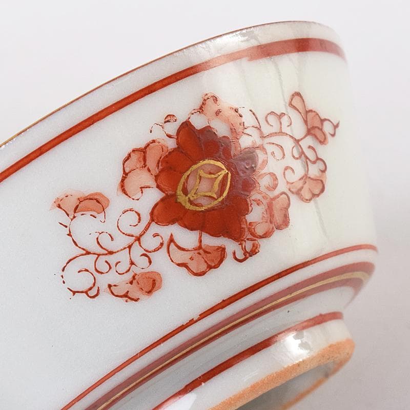 九谷焼　赤絵金彩　静山銘　獅子花文　盃　五客　龍鳳凰文　徳利　一對　MR8445