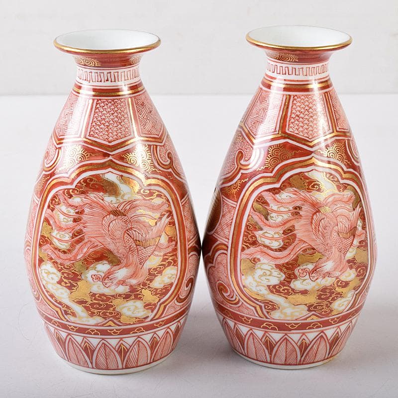 九谷焼　赤絵金彩　静山銘　獅子花文　盃　五客　龍鳳凰文　徳利　一對　MR8445