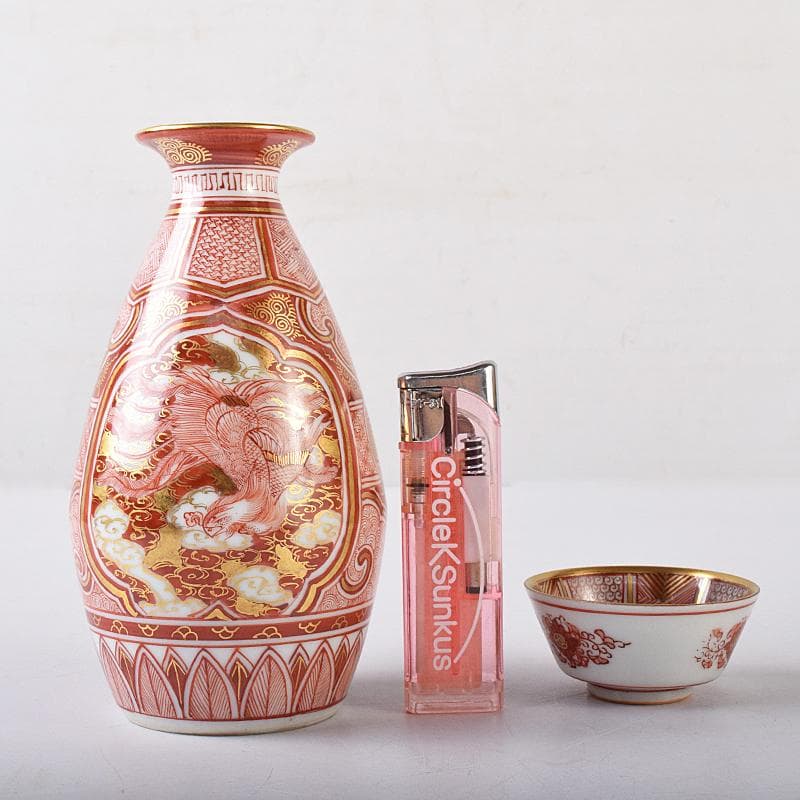 九谷焼　赤絵金彩　静山銘　獅子花文　盃　五客　龍鳳凰文　徳利　一對　MR8445