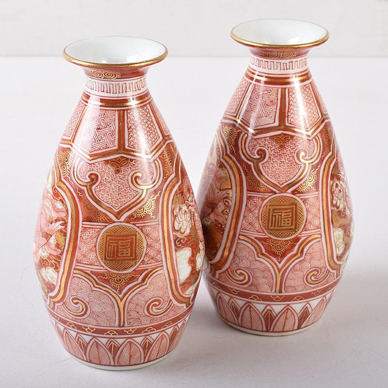 九谷焼　赤絵金彩　静山銘　獅子花文　盃　五客　龍鳳凰文　徳利　一對　MR8445