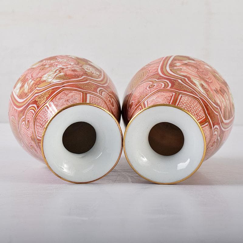 九谷焼　赤絵金彩　静山銘　獅子花文　盃　五客　龍鳳凰文　徳利　一對　MR8445