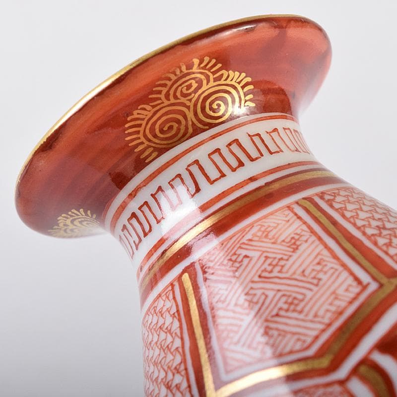 九谷焼　赤絵金彩　静山銘　獅子花文　盃　五客　龍鳳凰文　徳利　一對　MR8445