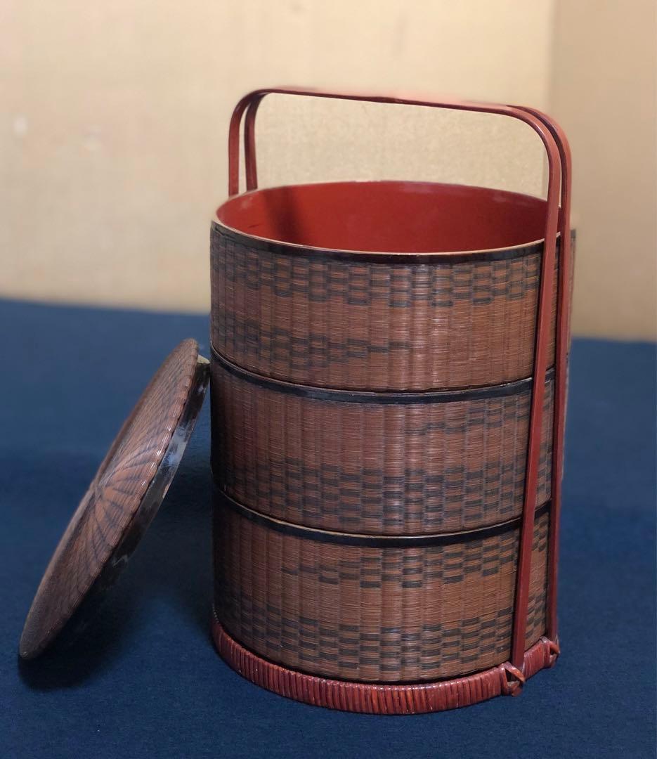 《レ》時代 煎茶 竹編 提籃 三段籠 提げ籠 茶籠 網代 木箱　251030う2