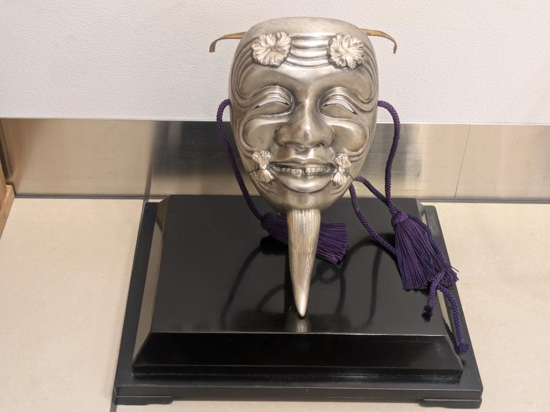 金工師 中野美海作 銀製 翁乃面 置物 ガラスケース 共箱有 シルバー