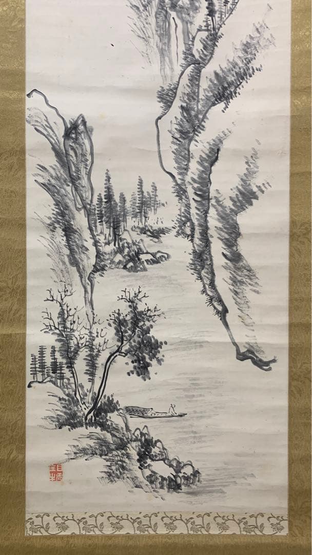 ②⑧ 中国？漢詩山水水墨画掛軸　署名捺印有り　作者不明