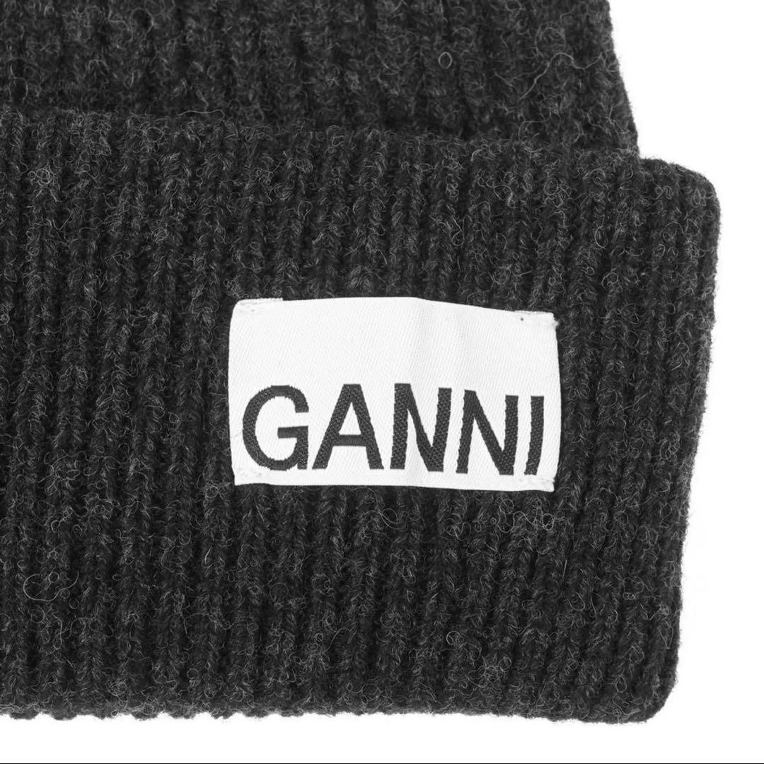 [GANNI] リブニットビーニー ロゴ入り ウール ニット帽