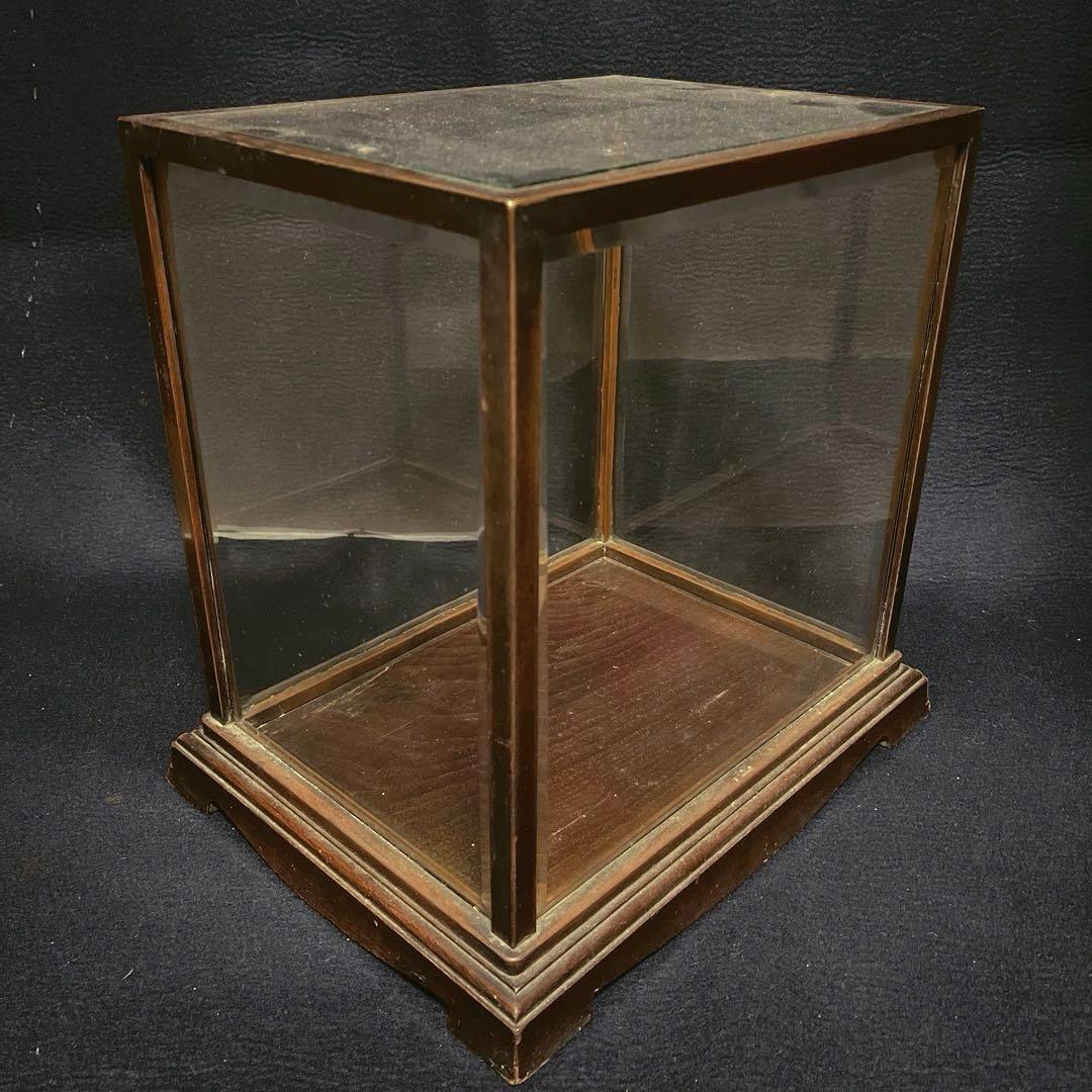 アンティーク　希少　ガラスケース　銅枠　面取り　5面　足　木製　総重量5.2㎏