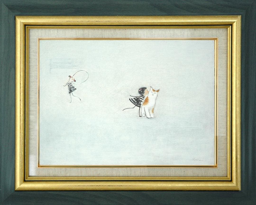 油絵 菅家令子 絵 絵画インテリア 額付(銀) F4-090718 子猫と女の子