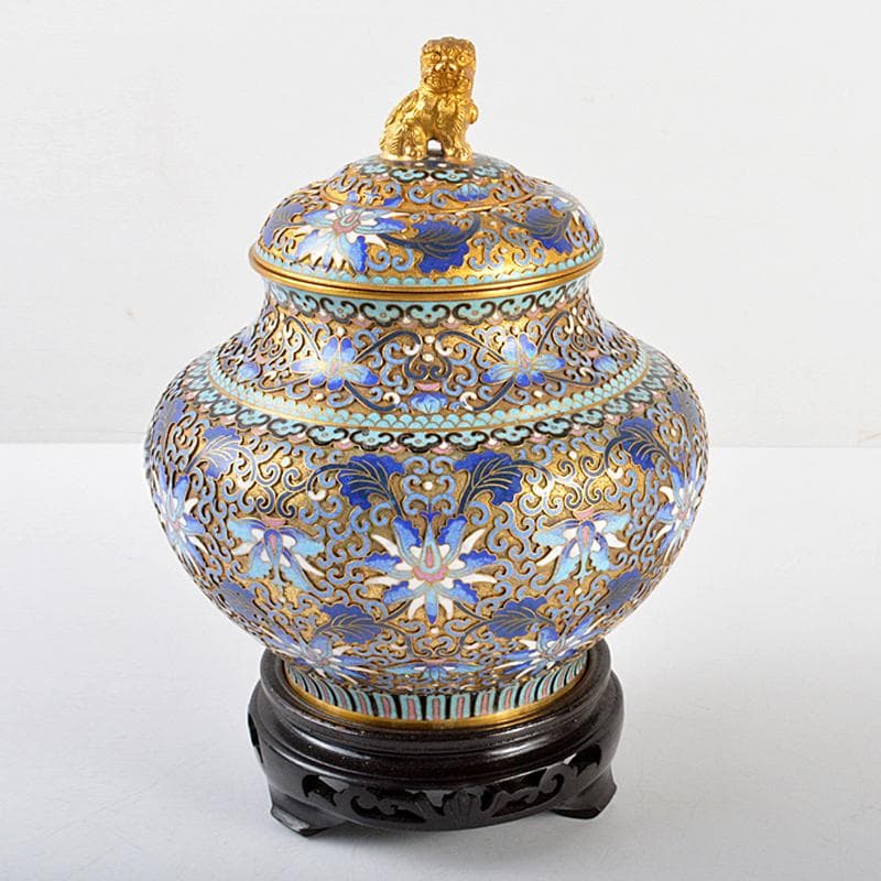 中国　古七宝琺瑯彩　花文　獅子摘蓋物　唐木台付　M　R5652