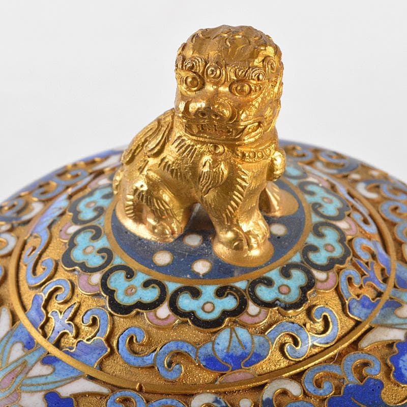 中国　古七宝琺瑯彩　花文　獅子摘蓋物　唐木台付　M　R5652