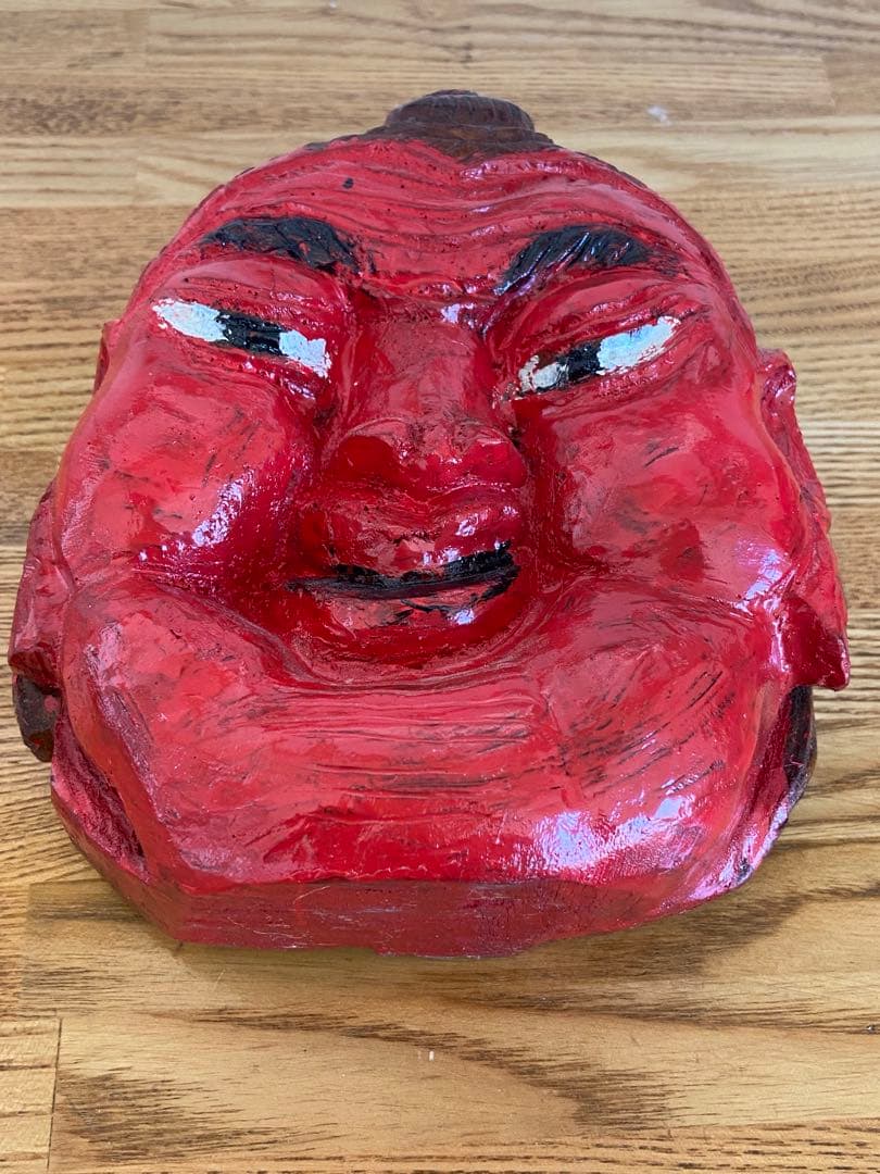 古道具坂田取扱 木彫 熊と赤面 二面像 祭祀仏具 古作