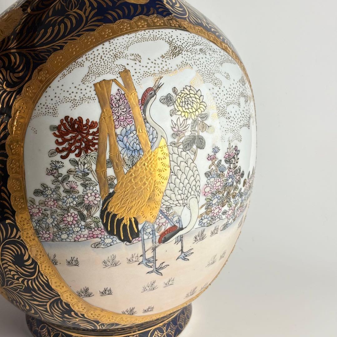 栄盛窯 瀧山作 薩摩焼 金襴手 花鳥図 鶴首花瓶 高さ約65cm 花瓶 花入れ