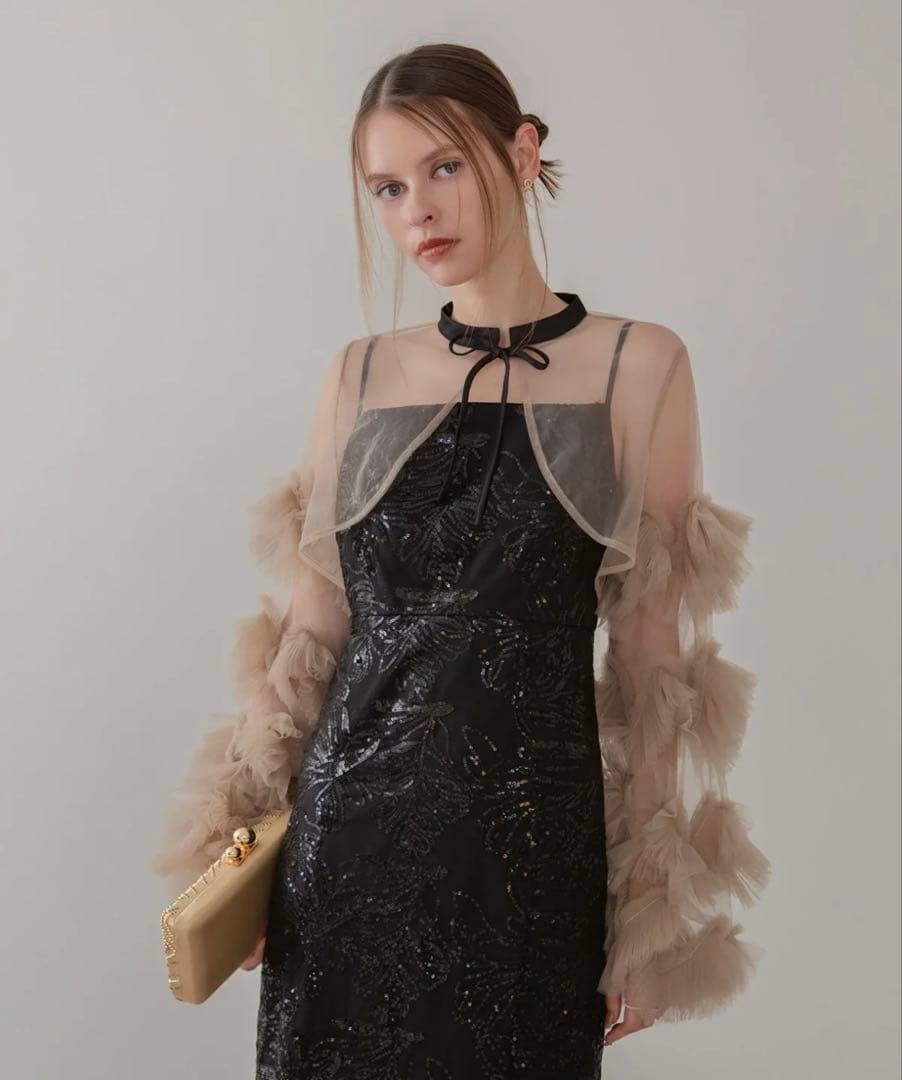 leja フリルチュールスリーブリボンIラインワンピースドレス パーティドレス