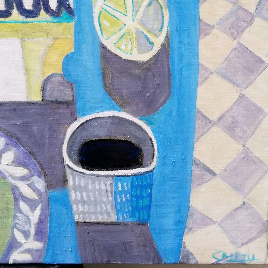 キャンバス油絵　よっこ　クールな配色のテーブル　大きいキャンバス縦45.5