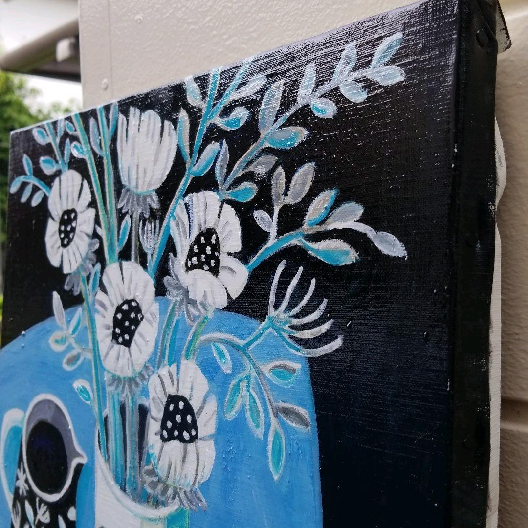 キャンバス油絵　よっこ　クールな配色のテーブル　大きいキャンバス縦45.5