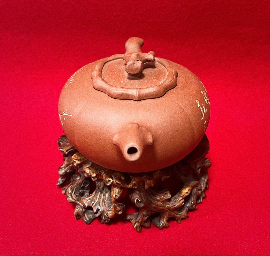 中国宜興 紫砂壺　梅花紋樣 詩詞 茶壺 柿子壺 急須 茶器 茶道具