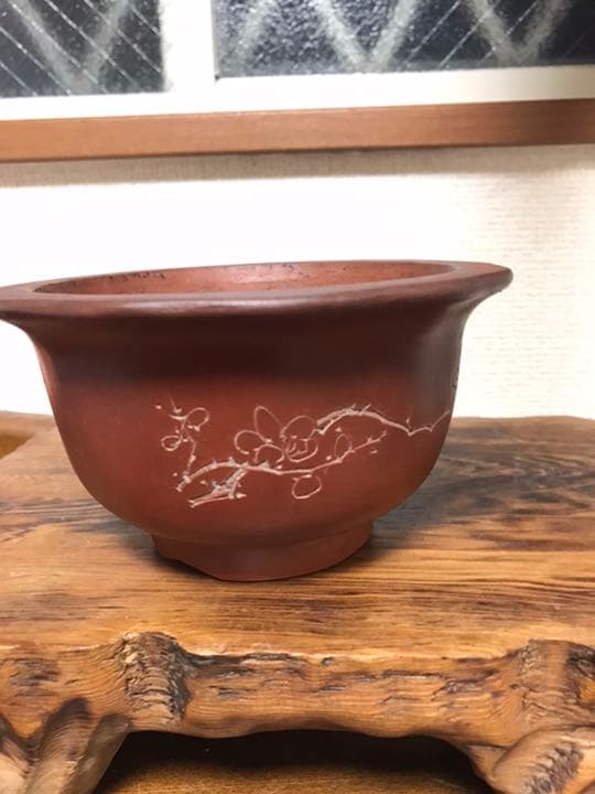 盆栽鉢　時代中国朱泥花型梅花図ミニ盆栽鉢13.5x7.3cm